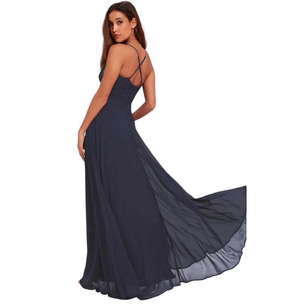 NWT LULU’s Women’s Navy Blue Chiffon Lace Maxi Full Length Dress Gown - Picture 2 of 9